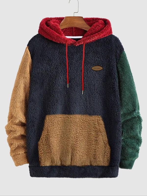 Hanorac bărbați cu glugă din corduroy, Colorblock patch pocket și șnur, Rabbit Hair 96%+