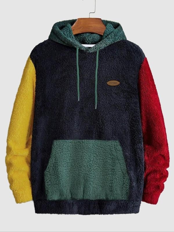 Hanorac bărbați cu glugă din corduroy, Colorblock patch pocket și șnur, Rabbit Hair 96%+