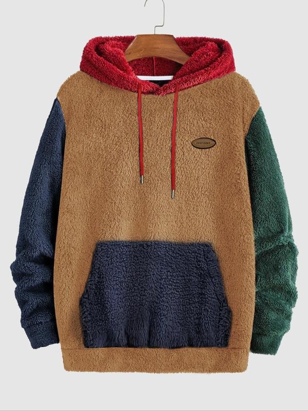 Hanorac bărbați cu glugă din corduroy, Colorblock patch pocket și șnur, Rabbit Hair 96%+