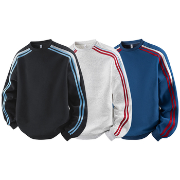 Vyrų dryžuotas puloveris su apvaliu kaklu, ilgomis rankovėmis, laisvas kirpimas, 100% poliesteris