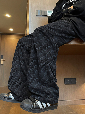 Ανδρικά χαλαρά παντελόνια εργασίας, φλοράλ εκτύπωση με πιέτες, ελαστική μέση, μίγμα βαμβακιού-πολυεστέρα, φθινόπωρο, ευθείες φαρδιές παντελόνες