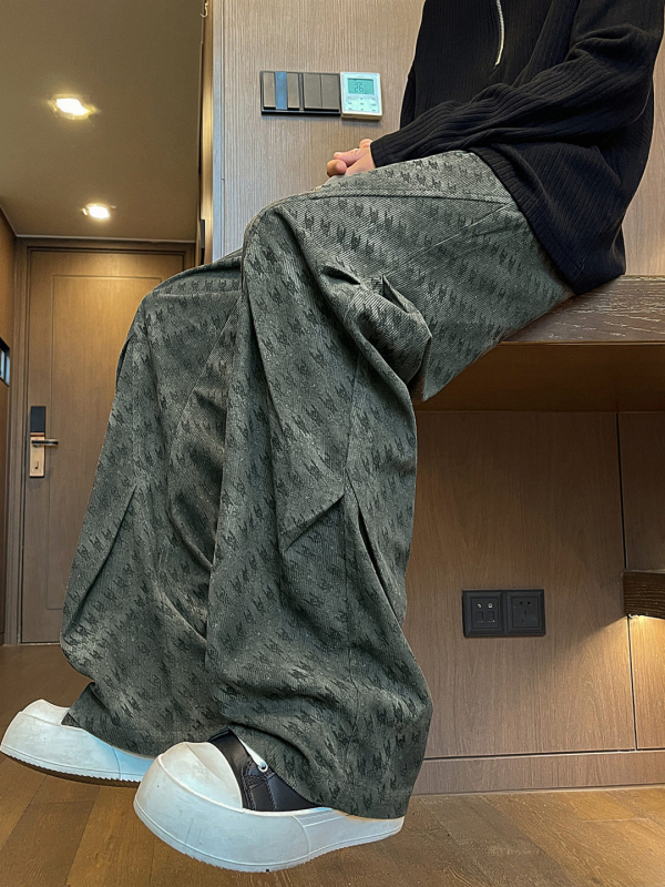 Ανδρικά χαλαρά παντελόνια εργασίας, φλοράλ εκτύπωση με πιέτες, ελαστική μέση, μίγμα βαμβακιού-πολυεστέρα, φθινόπωρο, ευθείες φαρδιές παντελόνες