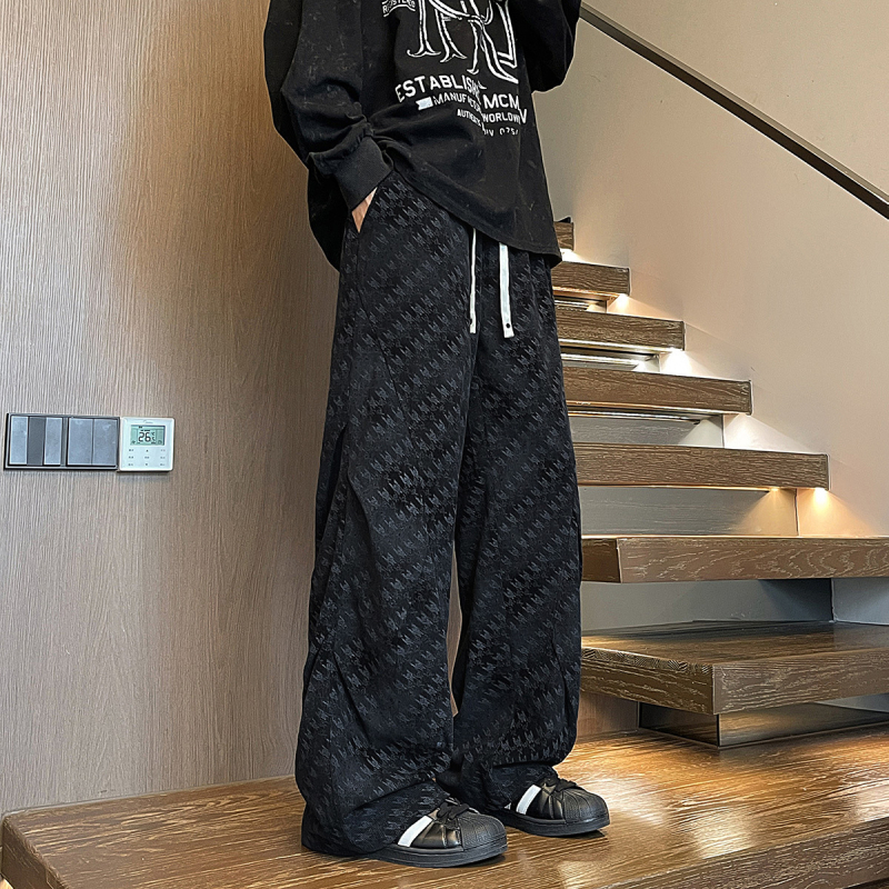 Ανδρικά χαλαρά παντελόνια εργασίας, φλοράλ εκτύπωση με πιέτες, ελαστική μέση, μίγμα βαμβακιού-πολυεστέρα, φθινόπωρο, ευθείες φαρδιές παντελόνες