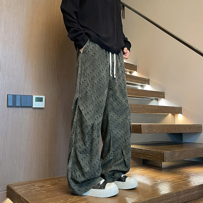 Ανδρικά χαλαρά παντελόνια εργασίας, φλοράλ εκτύπωση με πιέτες, ελαστική μέση, μίγμα βαμβακιού-πολυεστέρα, φθινόπωρο, ευθείες φαρδιές παντελόνες