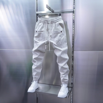 Pantaloni casual de lucru cu pliuri și buzunare multiple, croială dreaptă, talie medie, închidere cu șnur