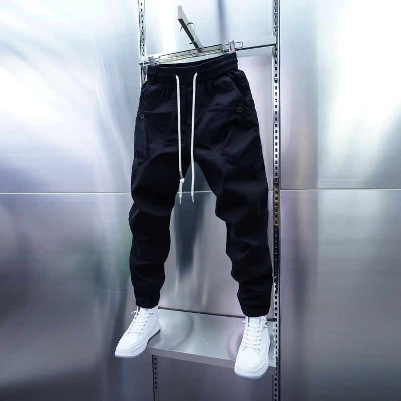 Pantaloni casual de lucru cu pliuri și buzunare multiple, croială dreaptă, talie medie, închidere cu șnur