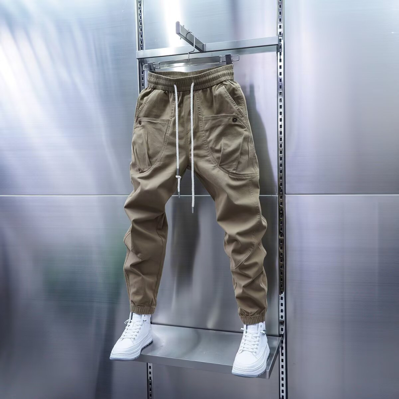 Pantaloni casual de lucru cu pliuri și buzunare multiple, croială dreaptă, talie medie, închidere cu șnur