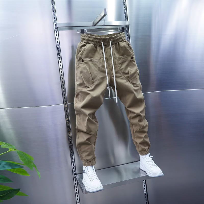 Pantaloni casual de lucru cu pliuri și buzunare multiple, croială dreaptă, talie medie, închidere cu șnur