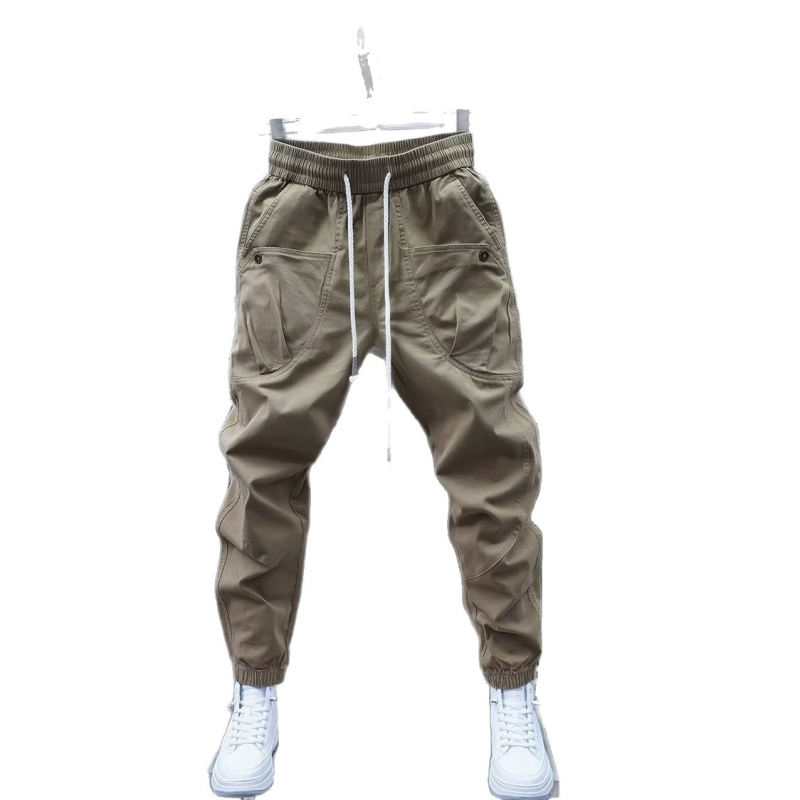 Pantaloni casual de lucru cu pliuri și buzunare multiple, croială dreaptă, talie medie, închidere cu șnur