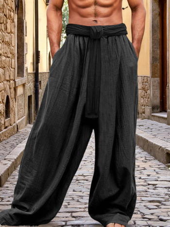 Vyriskos plačių kelnių sportinės kelnės, greitai džiūstantis kvėpuojantis audinys, juosmuo su raišteliu, ilgos laisvos kelnės