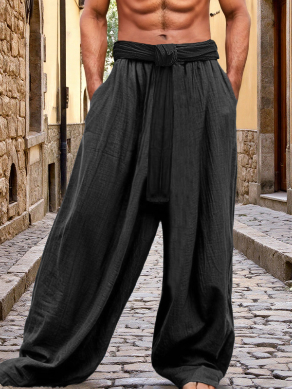 Vyriskos plačių kelnių sportinės kelnės, greitai džiūstantis kvėpuojantis audinys, juosmuo su raišteliu, ilgos laisvos kelnės