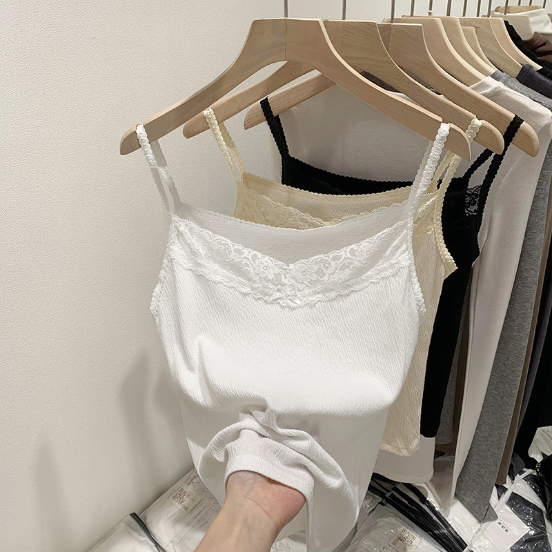 Sieviešu sling top ar mežģīņu linti, kokvilnas-poliestera maisījums, šaura piegriezuma, īss garums, vasara 2024