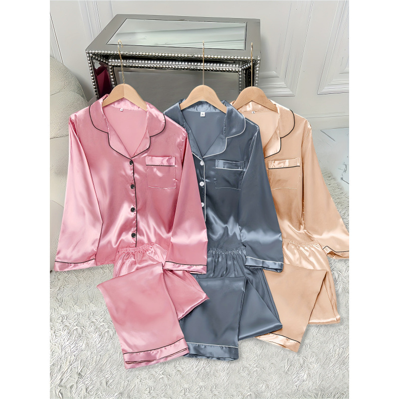 Pizsama szett – poliészter, közepes súlyú, hosszú ujjú, mindennapi stílus