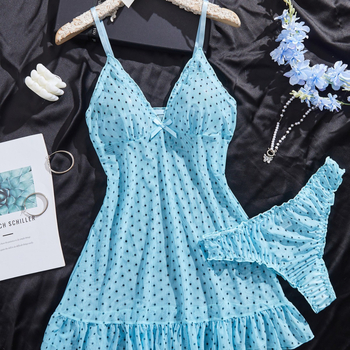 Δύο τεμάχια σετ εσωρούχων ύπνου με πλέγμα και κυματικό μοτίφο, ύφασμα πολυεστέρας 80–90%, γυναικείο, κυκλοφόρησε το καλοκαίρι 2024