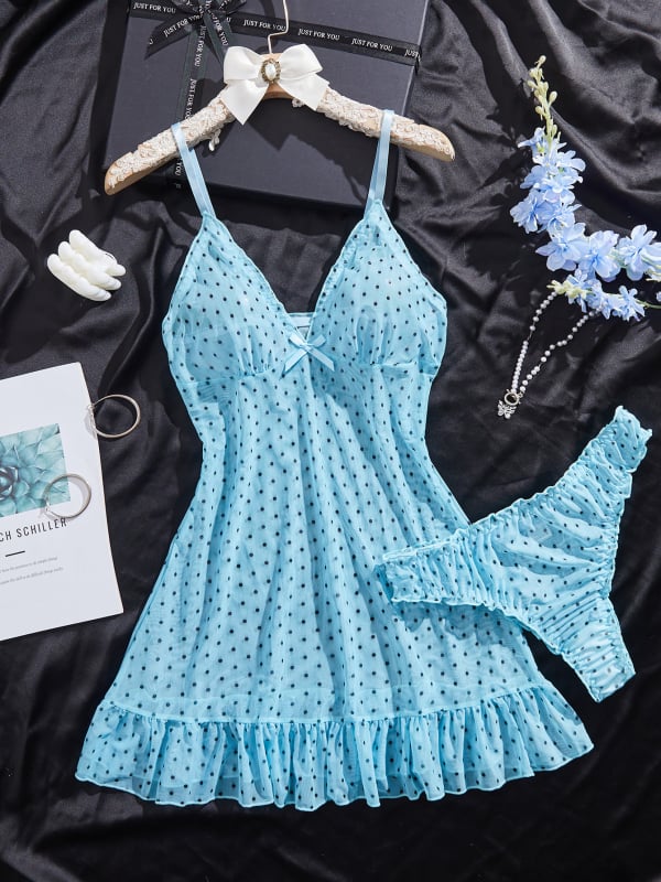 Дамски мрежест секси комплект бельо за спане – две части с принт на вълни, презрамки; материя: полиестер, 80–90% полиестер; за дами; лято 2024