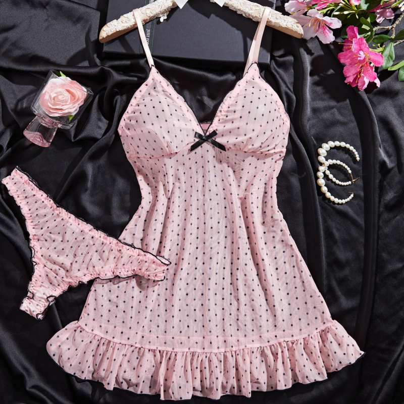 Дамски мрежест секси комплект бельо за спане – две части с принт на вълни, презрамки; материя: полиестер, 80–90% полиестер; за дами; лято 2024