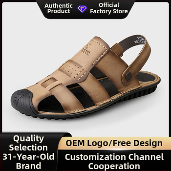 Vyriški sandalai — viršus iš aukštos kokybės karvės odos, apvalus pirštas, be raištelių, kvėpuojantys, anti-slip gumos padas