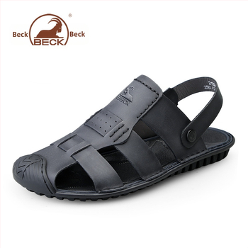 Vyriški sandalai — viršus iš aukštos kokybės karvės odos, apvalus pirštas, be raištelių, kvėpuojantys, anti-slip gumos padas