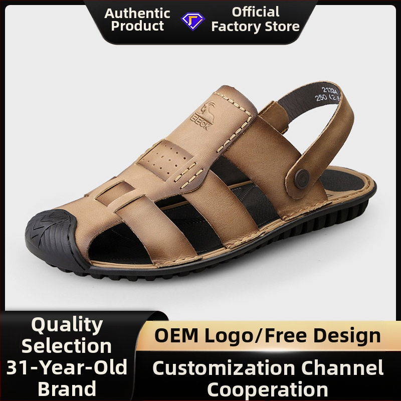 Vyriški sandalai — viršus iš aukštos kokybės karvės odos, apvalus pirštas, be raištelių, kvėpuojantys, anti-slip gumos padas