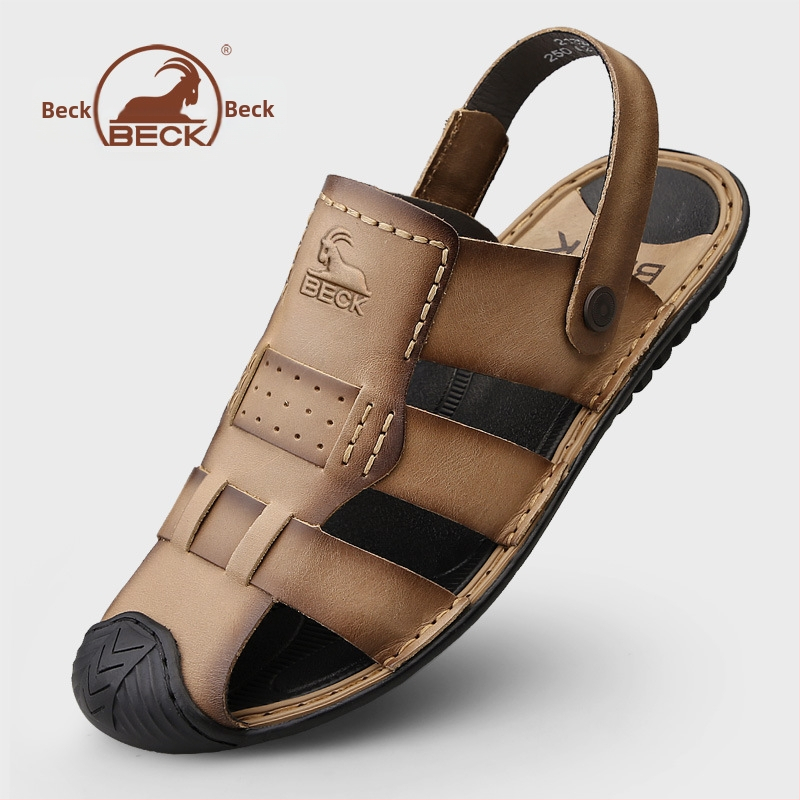 Pánske sandále — horná časť z top-grain hovädzej kože, zaoblená špička, bez šnúrok, priedušné, protišmyková gumová podrážka