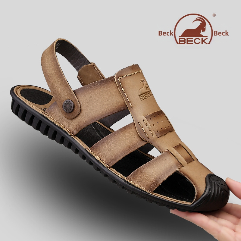 Vyriški sandalai — viršus iš aukštos kokybės karvės odos, apvalus pirštas, be raištelių, kvėpuojantys, anti-slip gumos padas