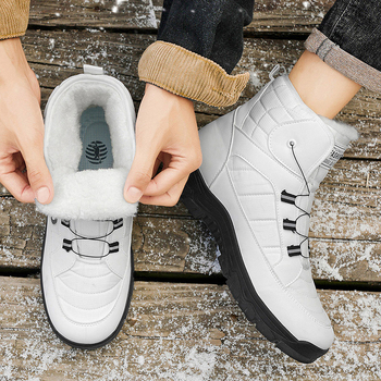 Ανδρικά χειμερινά μποτάκια χιονιού με επένδυση από συνθετική γούνα, PU άνω, καουτσούκ σόλα, στρογγυλή μύτη, χαμηλό ύψος τακουνιού