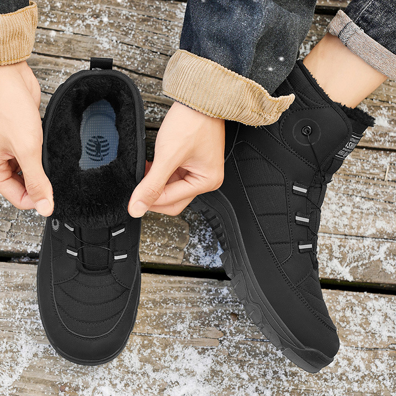 Ανδρικά χειμερινά μποτάκια χιονιού με επένδυση από συνθετική γούνα, PU άνω, καουτσούκ σόλα, στρογγυλή μύτη, χαμηλό ύψος τακουνιού