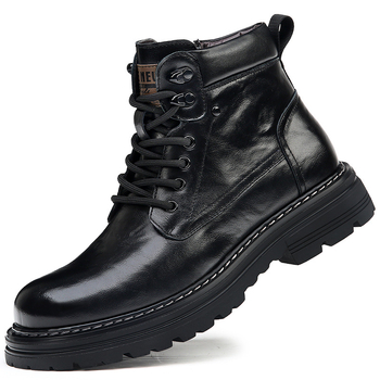 Μαρτίν μποτάκια ανδρών από γνήσιο δέρμα, επένδυση από δύο στρώσεις δέρματος χοίρου και τεχνητή γούνα, εσωτερικός πάτος από συνθετική γούνα, σόλα καουτσούκ, μεσαίο ύψος, στρογγυλή μύτη, παχιά φτέρνα