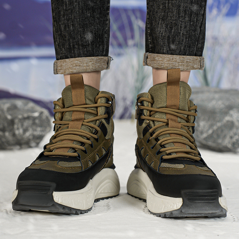 Vīriešu ziemas augsti zābaki ar auklām, PU augšdaļa, gumijas zole, bieza zole