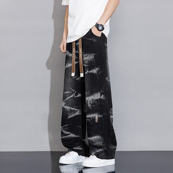 Дънки с камуфлажен вайб и връзка за стягане – прави крачета, 65% памук, ниска талия, цип, лято