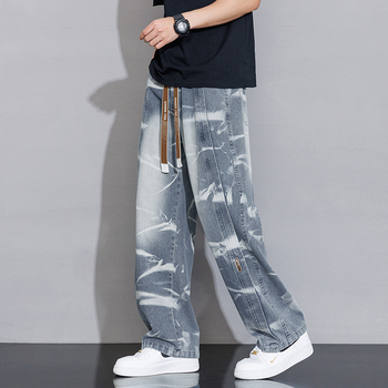 Дънки с камуфлажен вайб и връзка за стягане – прави крачета, 65% памук, ниска талия, цип, лято