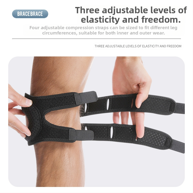 Kolenná ortéza s kompresiou patellárnej a meniskusovej, dýchateľná, unisex, pre beh a fitnes; hlavný materiál: kombinovaný textil; chránená časť: koleno; kategória: kolenné chrániče; použiteľné športy: rôzne športy