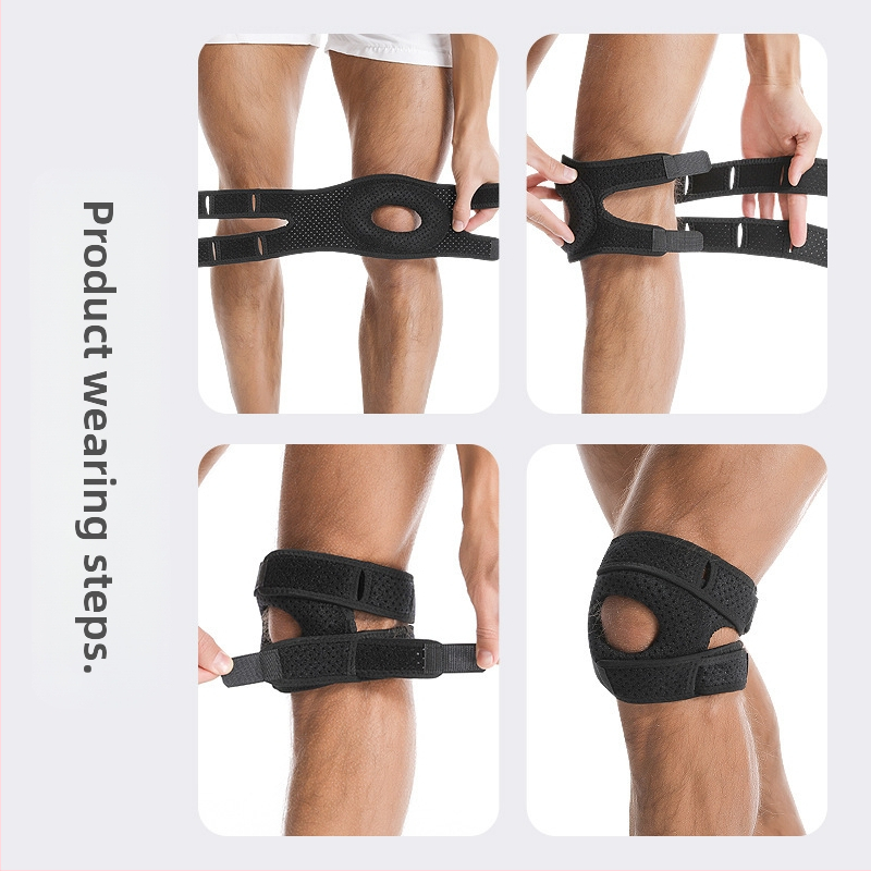 Kolenná ortéza s kompresiou patellárnej a meniskusovej, dýchateľná, unisex, pre beh a fitnes; hlavný materiál: kombinovaný textil; chránená časť: koleno; kategória: kolenné chrániče; použiteľné športy: rôzne športy