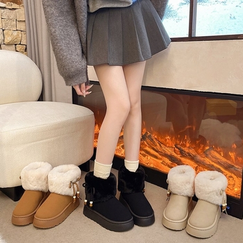 Γυναικεία χιονικά μποτάκια, χαμηλός κορμός, στρογγυλή μύτη, 4 εκ τακούνι, καουτσούκ σόλα, Slip-On