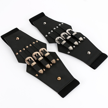 Moterų suknelė su plačia diržu su metalinėmis kniedėmis, dirbtinė oda, sagtis iš lydinio, užsegimas spaudimu, diržo plotis virš 4 cm