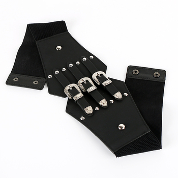 Γυναικείο φόρεμα με φαρδύ ζώνη με μεταλλικά τρουκς, συνθετικό δέρμα, αγκράφα από κράμα, κούμπωμα με snap