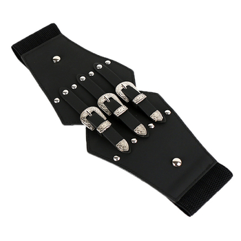 Γυναικείο φόρεμα με φαρδύ ζώνη με μεταλλικά τρουκς, συνθετικό δέρμα, αγκράφα από κράμα, κούμπωμα με snap