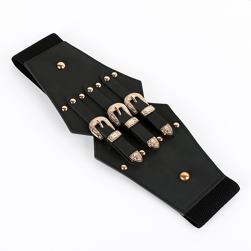 Moterų suknelė su plačia diržu su metalinėmis kniedėmis, dirbtinė oda, sagtis iš lydinio, užsegimas spaudimu, diržo plotis virš 4 cm