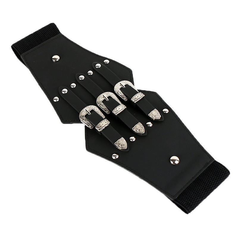 Moterų suknelė su plačia diržu su metalinėmis kniedėmis, dirbtinė oda, sagtis iš lydinio, užsegimas spaudimu, diržo plotis virš 4 cm