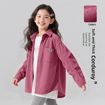 Cămașă pentru fete din corduroy, mâneci lungi, guler Turn-down, țesătură de poliester, stil coreean, primăvară-toamnă