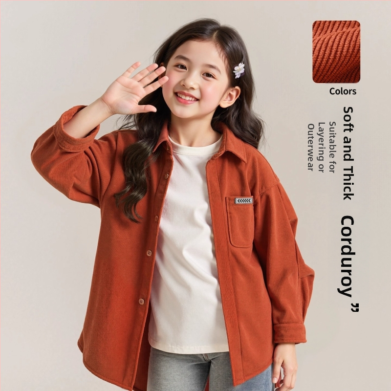 Детска риза Corduroy с дълги ръкави, Turn-down яка, полиестрова тъкан, корейски стил, пролетно-есенен сезон