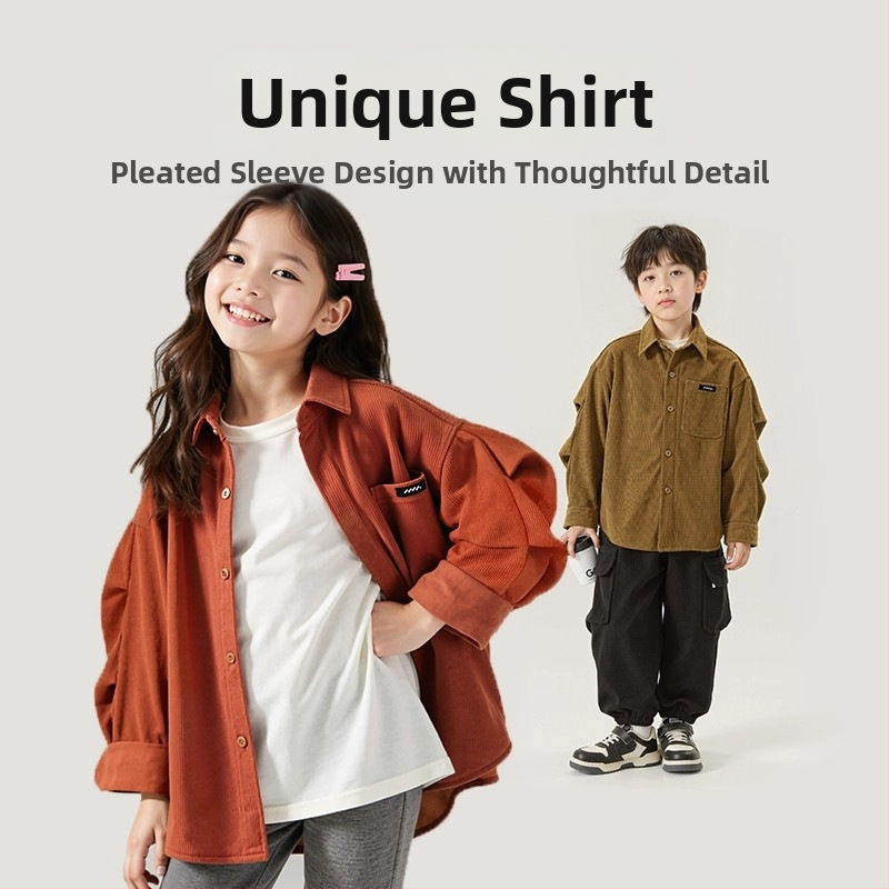 Детска риза Corduroy с дълги ръкави, Turn-down яка, полиестрова тъкан, корейски стил, пролетно-есенен сезон