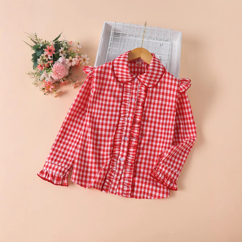 Cămașă pentru fete, în carouri, mânecă lungă, 100% poliester, guler clasic, primăvară și toamnă