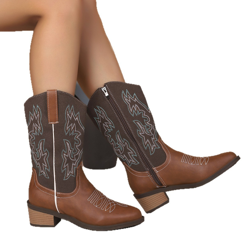 Moterų kaubojaus batai su PU viršumi, gumos padas, masyvus kulnas, vidutinio ilgio blauzdos, šoninis užtrauktukas