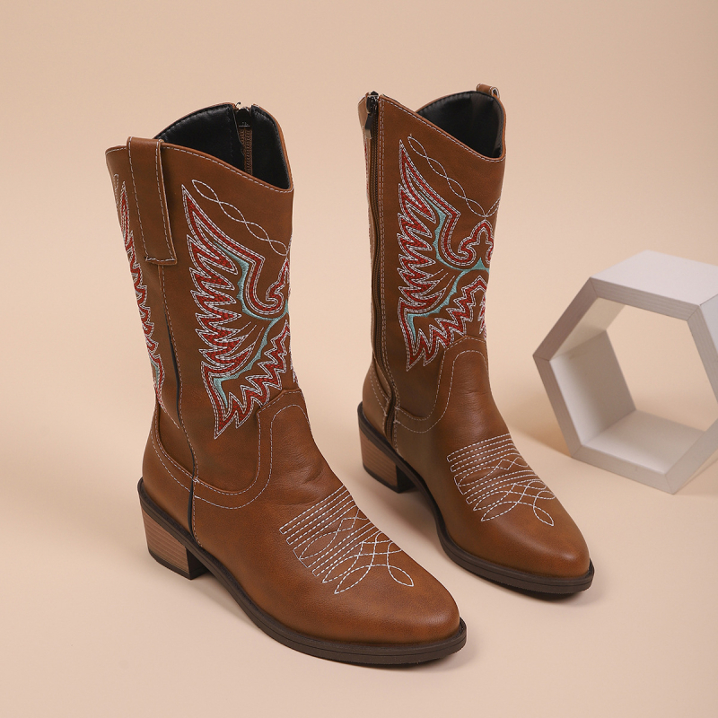 Moterų kaubojaus batai su PU viršumi, gumos padas, masyvus kulnas, vidutinio ilgio blauzdos, šoninis užtrauktukas