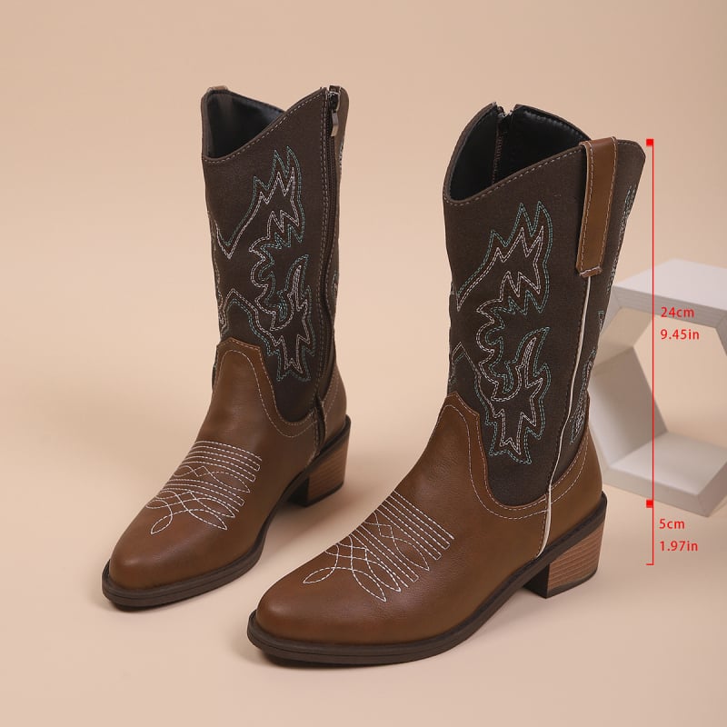 Moterų kaubojaus batai su PU viršumi, gumos padas, masyvus kulnas, vidutinio ilgio blauzdos, šoninis užtrauktukas