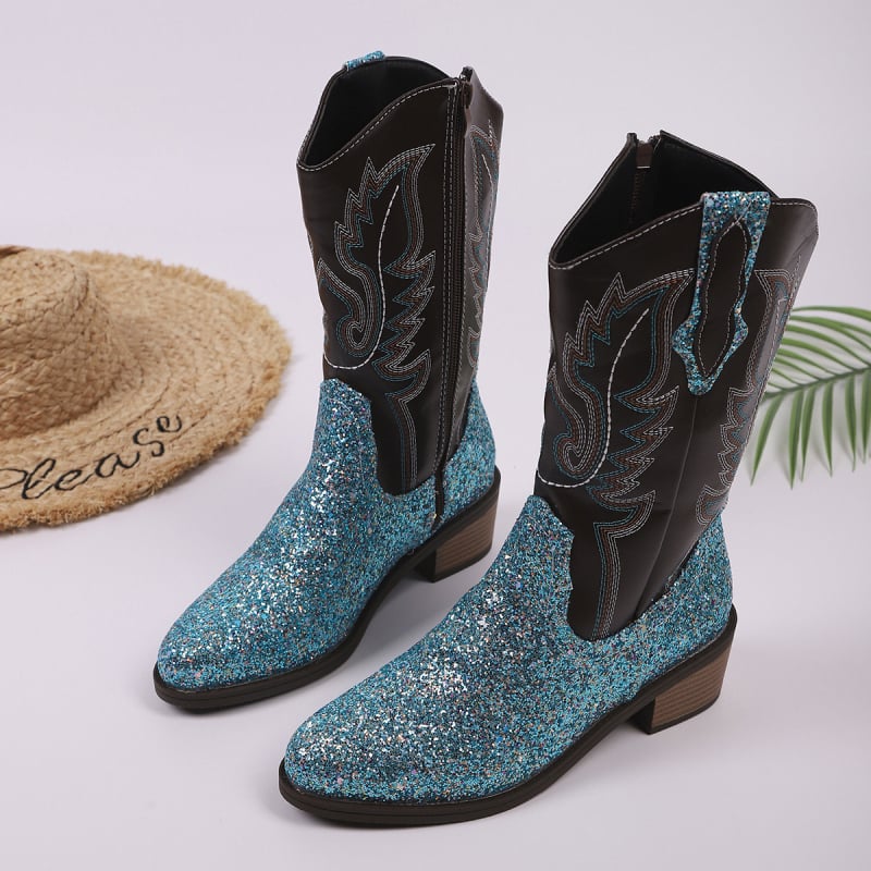 Moterų kaubojaus batai su PU viršumi, gumos padas, masyvus kulnas, vidutinio ilgio blauzdos, šoninis užtrauktukas