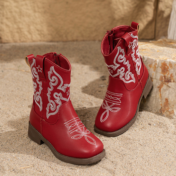 Rider Μποτάκια με Κέντημα, Παχύ Τακούνι, Στρογγυλή Μύτη, Ύψος γάμπας