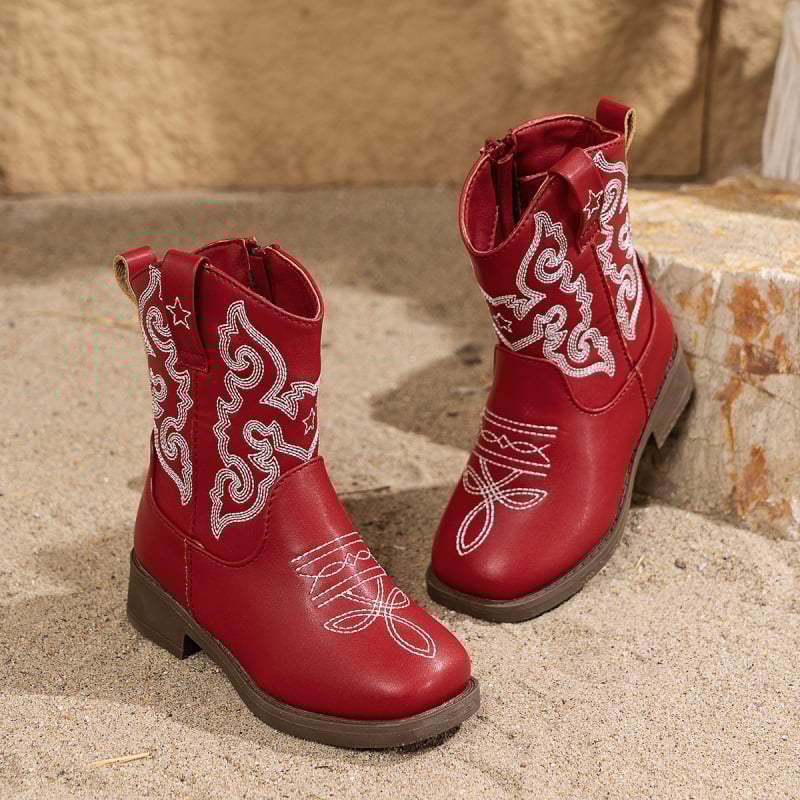 Rider Μποτάκια με Κέντημα, Παχύ Τακούνι, Στρογγυλή Μύτη, Ύψος γάμπας