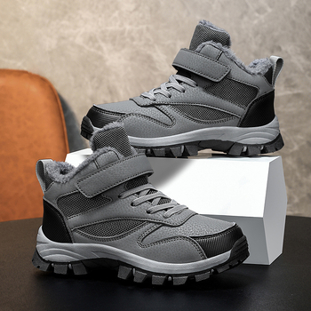 Παιδικά υπαίθρια βαμβακερά παπούτσια με φλίς, πάνω μέρος συνθετικό δέρμα, σχέδιο ρίγες, σόλα TPR, κλείσιμο Velcro